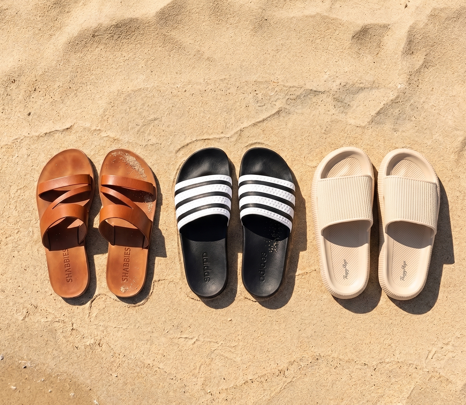 De drie kandidaten: Shabbies Amsterdam, Adidas Adilette en HappyFlops
